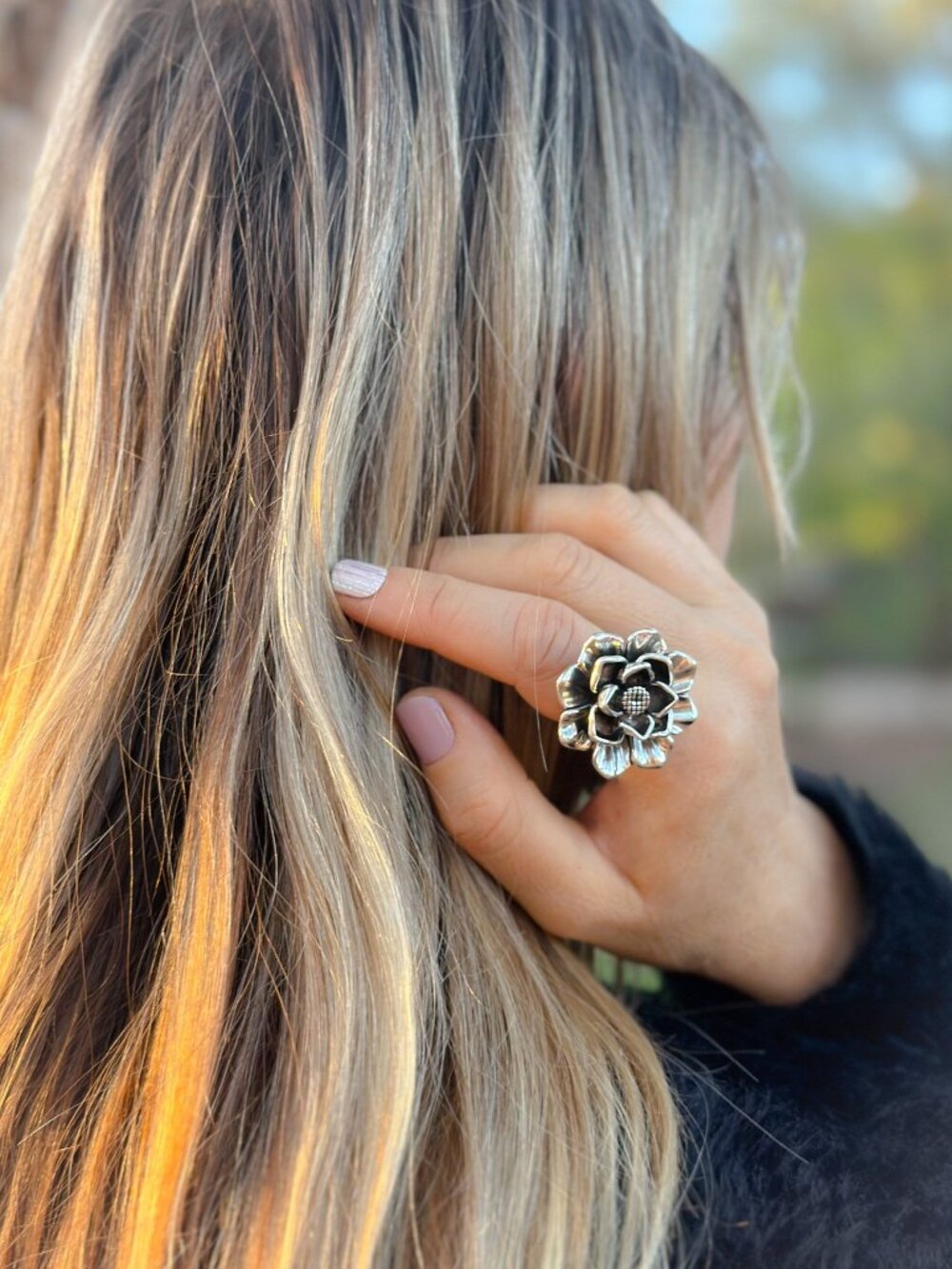 Flower Ring Sterling Silver ADJUSTABLE Large Ring All Sizes